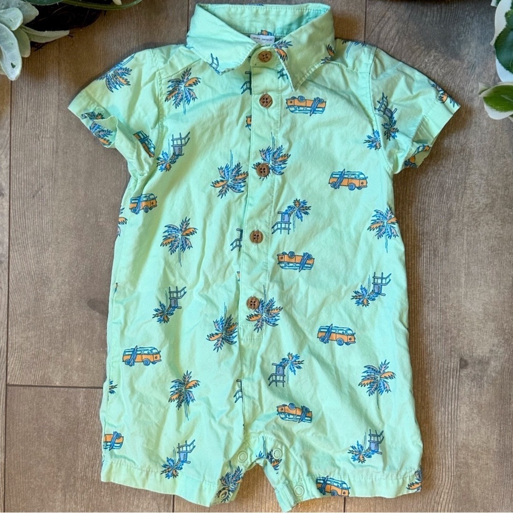 Green Button-Up Baby Romper with Car Print